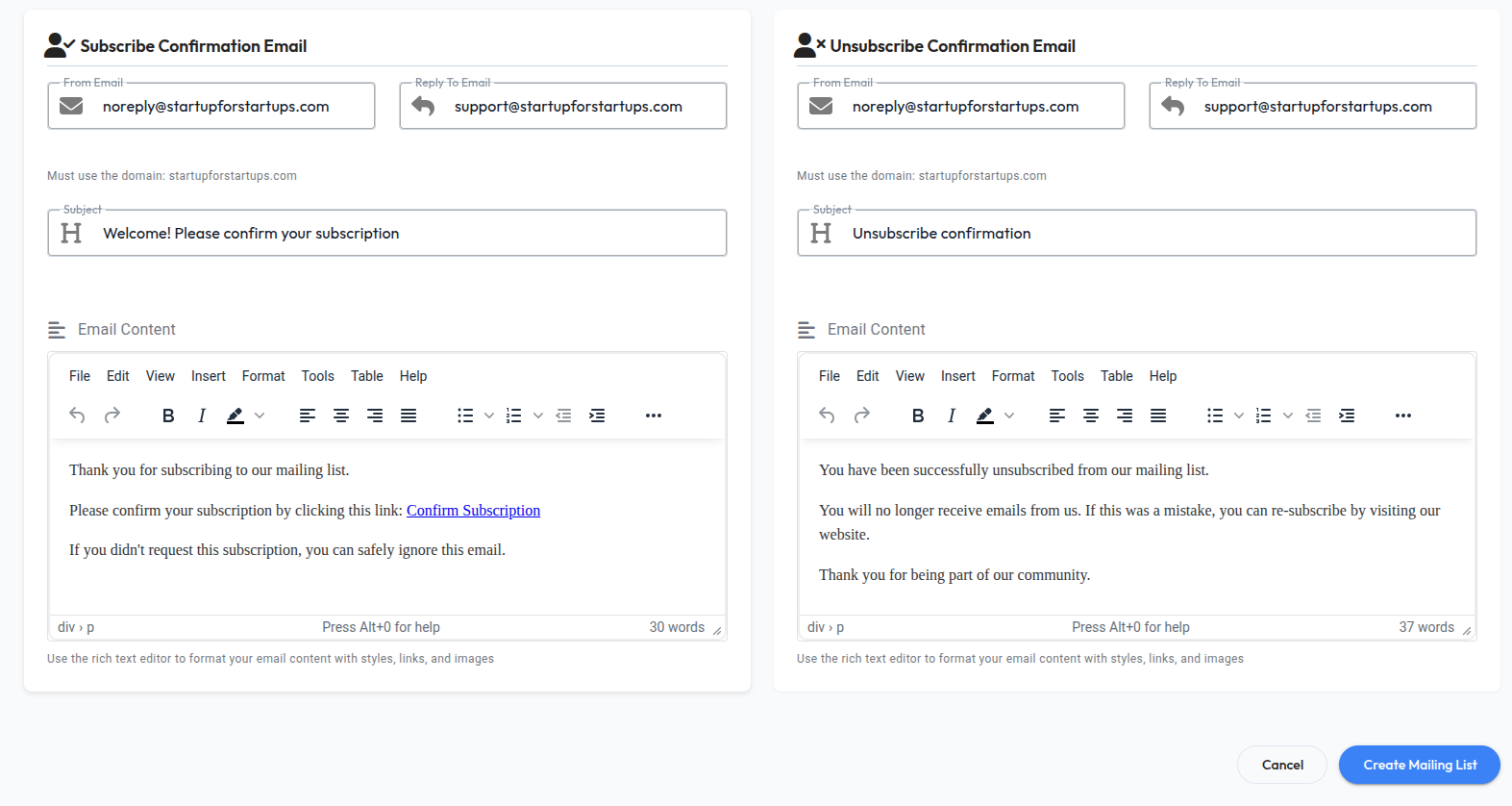 Professional email composition with rich text editor